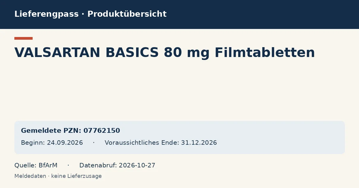 VALSARTAN BASICS 80 mg Filmtabletten: Datenübersicht zum Lieferengpass mit gemeldeten Packungen und Zeitraum (BfArM) VALSARTAN BASICS 80 mg Filmtabletten: Datenübersicht zum Lieferengpass mit gemeldeten Packungen und Zeitraum (BfArM)