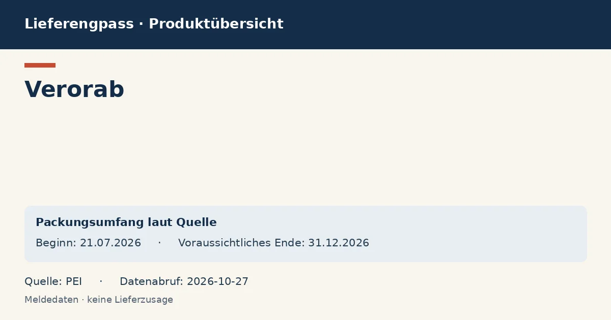 Verorab: Datenübersicht zum Lieferengpass mit gemeldeten Packungen und Zeitraum (PEI) Verorab: Datenübersicht zum Lieferengpass mit gemeldeten Packungen und Zeitraum (PEI)