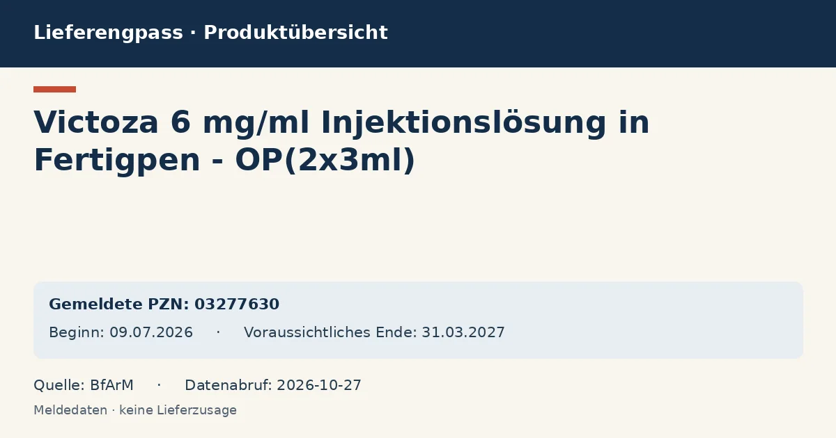 Victoza 6 mg/ml Injektionslösung in Fertigpen - OP(2x3ml): Datenübersicht zum Lieferengpass mit gemeldeten Packungen und Zeitraum (BfArM) Victoza 6 mg/ml Injektionslösung in Fertigpen - OP(2x3ml): Datenübersicht zum Lieferengpass mit gemeldeten Packungen und Zeitraum (BfArM)