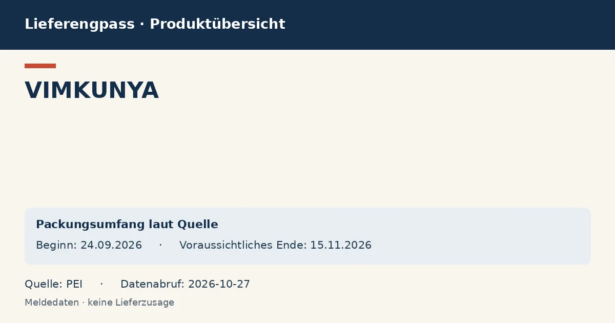 VIMKUNYA: Datenübersicht zum Lieferengpass mit gemeldeten Packungen und Zeitraum (PEI) VIMKUNYA: Datenübersicht zum Lieferengpass mit gemeldeten Packungen und Zeitraum (PEI)