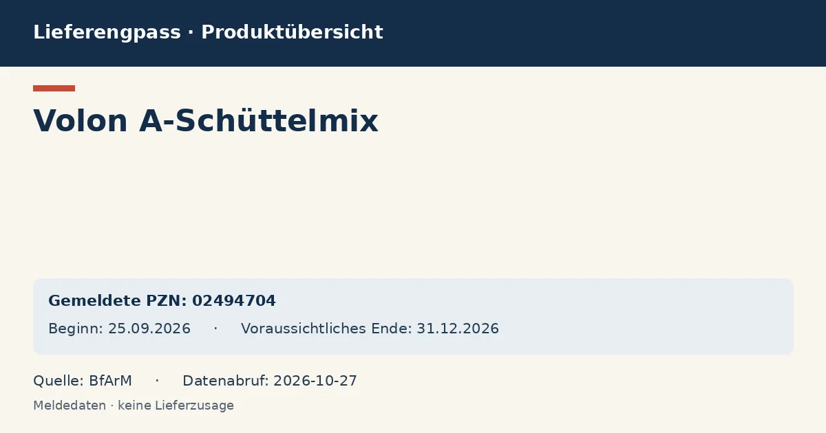 Volon A-Schüttelmix: Datenübersicht zum Lieferengpass mit gemeldeten Packungen und Zeitraum (BfArM) Volon A-Schüttelmix: Datenübersicht zum Lieferengpass mit gemeldeten Packungen und Zeitraum (BfArM)