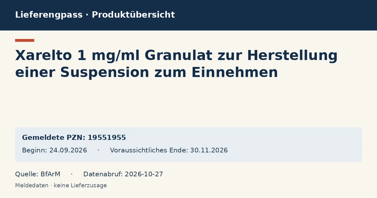 Xarelto 1 mg/ml Granulat zur Herstellung einer Suspension zum Einnehmen: Datenübersicht zum Lieferengpass mit gemeldeten Packungen und Zeitraum (BfArM) Xarelto 1 mg/ml Granulat zur Herstellung einer Suspension zum Einnehmen: Datenübersicht zum Lieferengpass mit gemeldeten Packungen und Zeitraum (BfArM)