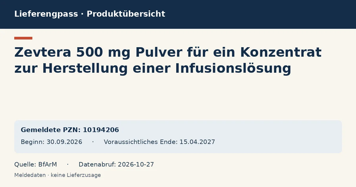 Zevtera 500 mg Pulver für ein Konzentrat zur Herstellung einer Infusionslösung: Datenübersicht zum Lieferengpass mit gemeldeten Packungen und Zeitraum (BfArM) Zevtera 500 mg Pulver für ein Konzentrat zur Herstellung einer Infusionslösung: Datenübersicht zum Lieferengpass mit gemeldeten Packungen und Zeitraum (BfArM)