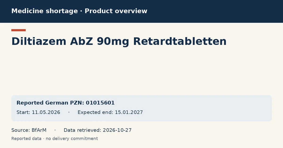 Diltiazem AbZ 90mg Retardtabletten: German shortage data overview with reported packs and period (BfArM) Diltiazem AbZ 90mg Retardtabletten: German shortage data overview with reported packs and period (BfArM)