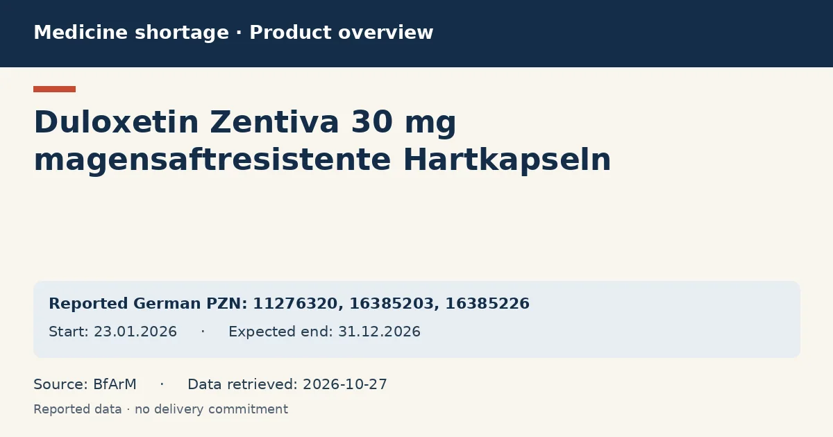 Duloxetin Zentiva 30 mg magensaftresistente Hartkapseln : German shortage data overview with reported packs and period (BfArM) Duloxetin Zentiva 30 mg magensaftresistente Hartkapseln : German shortage data overview with reported packs and period (BfArM)