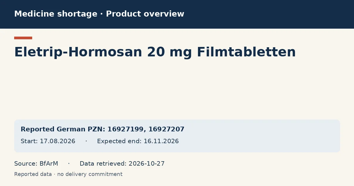 Eletrip-Hormosan 20 mg Filmtabletten: German shortage data overview with reported packs and period (BfArM) Eletrip-Hormosan 20 mg Filmtabletten: German shortage data overview with reported packs and period (BfArM)