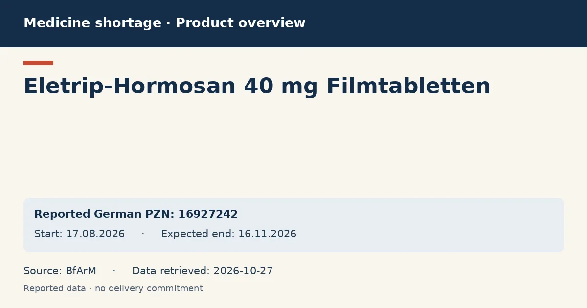 Eletrip-Hormosan 40 mg Filmtabletten: German shortage data overview with reported packs and period (BfArM) Eletrip-Hormosan 40 mg Filmtabletten: German shortage data overview with reported packs and period (BfArM)