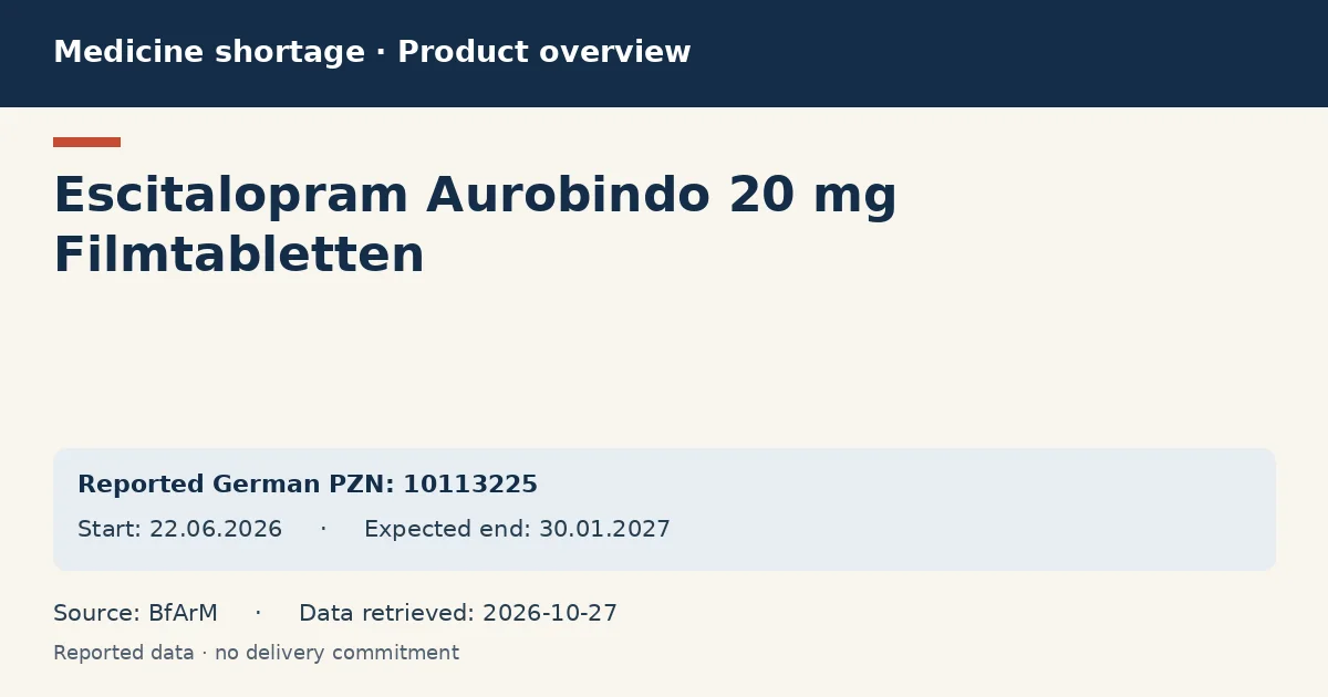 Escitalopram Aurobindo 20 mg Filmtabletten: German shortage data overview with reported packs and period (BfArM) Escitalopram Aurobindo 20 mg Filmtabletten: German shortage data overview with reported packs and period (BfArM)