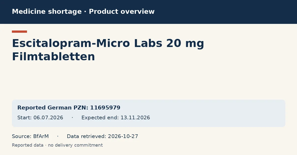 Escitalopram-Micro Labs 20 mg Filmtabletten: German shortage data overview with reported packs and period (BfArM) Escitalopram-Micro Labs 20 mg Filmtabletten: German shortage data overview with reported packs and period (BfArM)