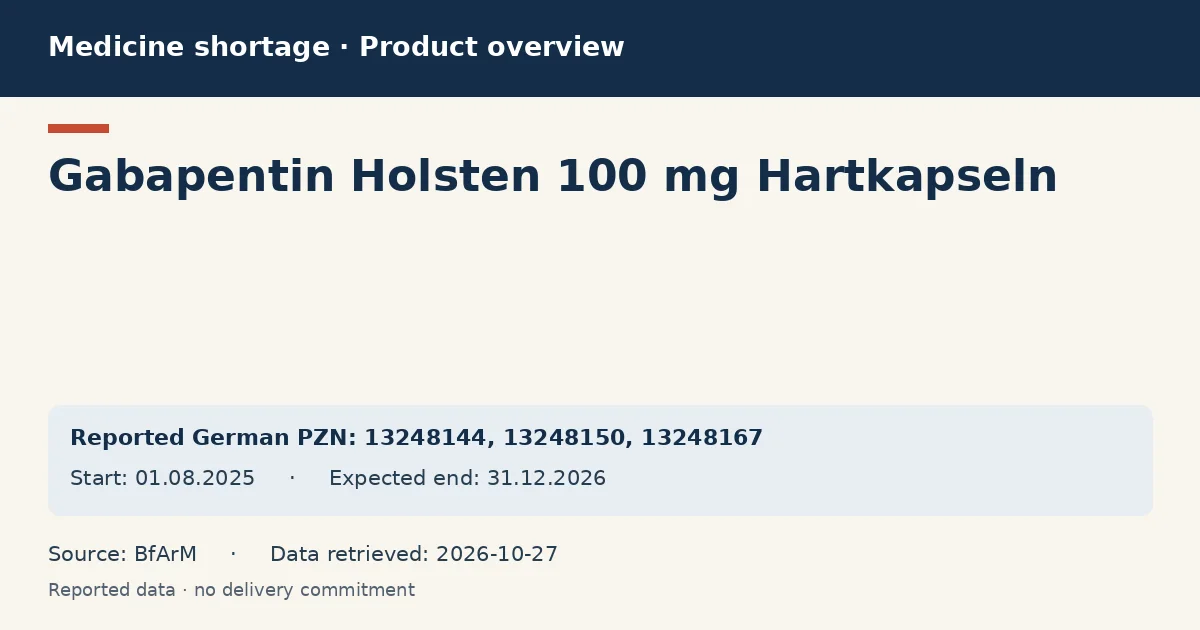 Gabapentin Holsten 100 mg Hartkapseln: German shortage data overview with reported packs and period (BfArM) Gabapentin Holsten 100 mg Hartkapseln: German shortage data overview with reported packs and period (BfArM)