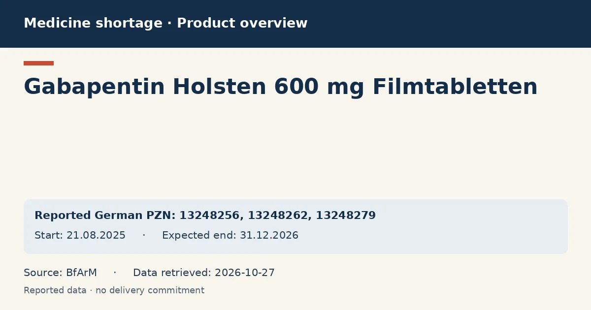 Gabapentin Holsten 600 mg Filmtabletten: German shortage data overview with reported packs and period (BfArM) Gabapentin Holsten 600 mg Filmtabletten: German shortage data overview with reported packs and period (BfArM)