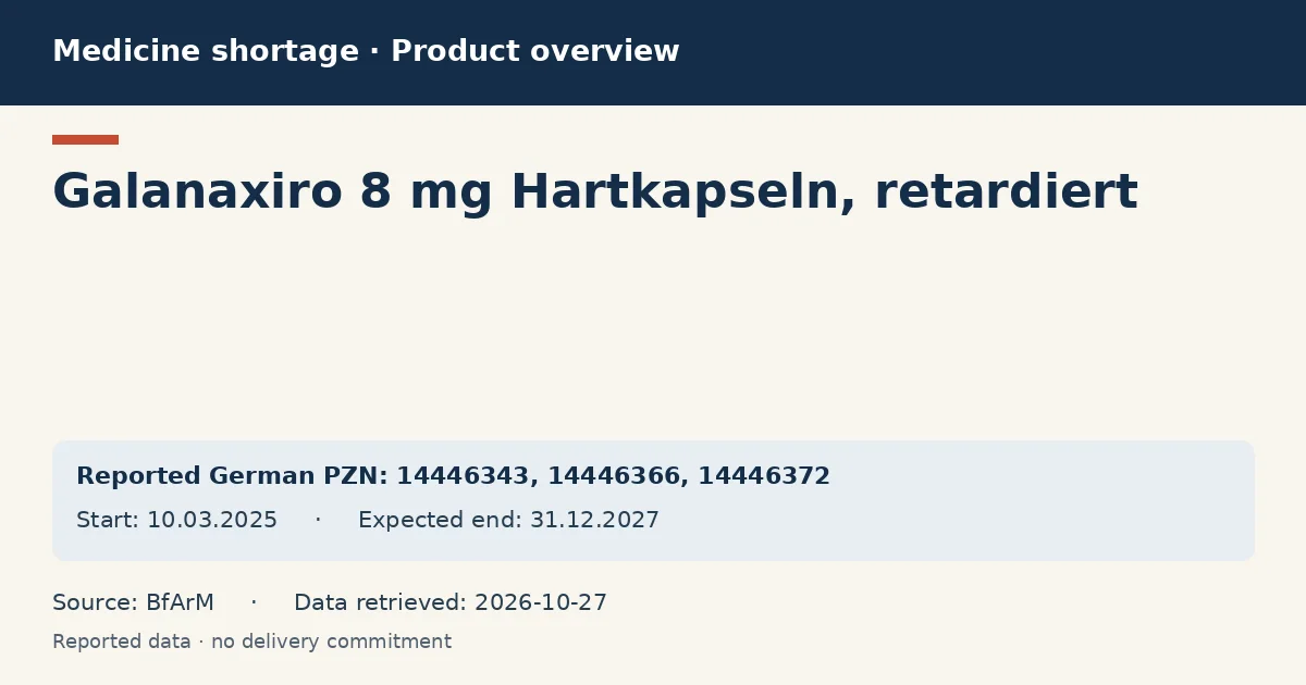 Galanaxiro 8 mg Hartkapseln, retardiert: German shortage data overview with reported packs and period (BfArM) Galanaxiro 8 mg Hartkapseln, retardiert: German shortage data overview with reported packs and period (BfArM)