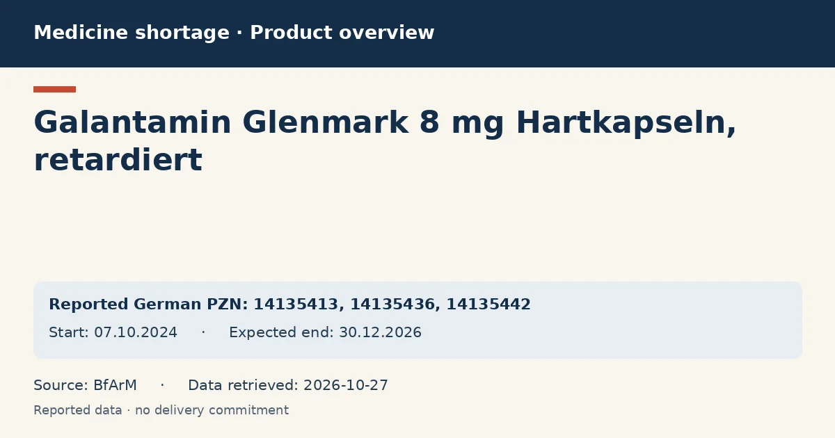 Galantamin Glenmark 8 mg Hartkapseln, retardiert: German shortage data overview with reported packs and period (BfArM) Galantamin Glenmark 8 mg Hartkapseln, retardiert: German shortage data overview with reported packs and period (BfArM)
