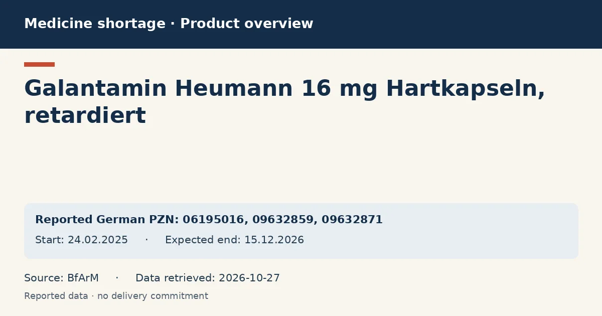Galantamin Heumann 16 mg Hartkapseln, retardiert: German shortage data overview with reported packs and period (BfArM) Galantamin Heumann 16 mg Hartkapseln, retardiert: German shortage data overview with reported packs and period (BfArM)