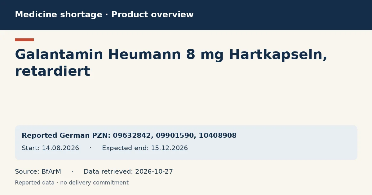 Galantamin Heumann 8 mg Hartkapseln, retardiert: German shortage data overview with reported packs and period (BfArM) Galantamin Heumann 8 mg Hartkapseln, retardiert: German shortage data overview with reported packs and period (BfArM)