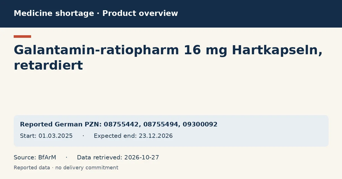 Galantamin-ratiopharm 16 mg Hartkapseln, retardiert: German shortage data overview with reported packs and period (BfArM) Galantamin-ratiopharm 16 mg Hartkapseln, retardiert: German shortage data overview with reported packs and period (BfArM)