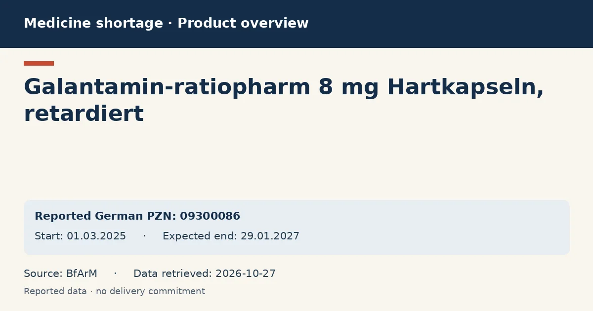 Galantamin-ratiopharm 8 mg Hartkapseln, retardiert: German shortage data overview with reported packs and period (BfArM) Galantamin-ratiopharm 8 mg Hartkapseln, retardiert: German shortage data overview with reported packs and period (BfArM)