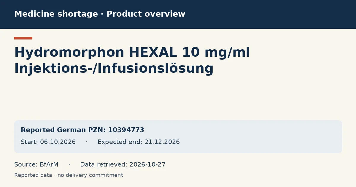 Hydromorphon HEXAL 10 mg/ml Injektions-/Infusionslösung: German shortage data overview with reported packs and period (BfArM) Hydromorphon HEXAL 10 mg/ml Injektions-/Infusionslösung: German shortage data overview with reported packs and period (BfArM)