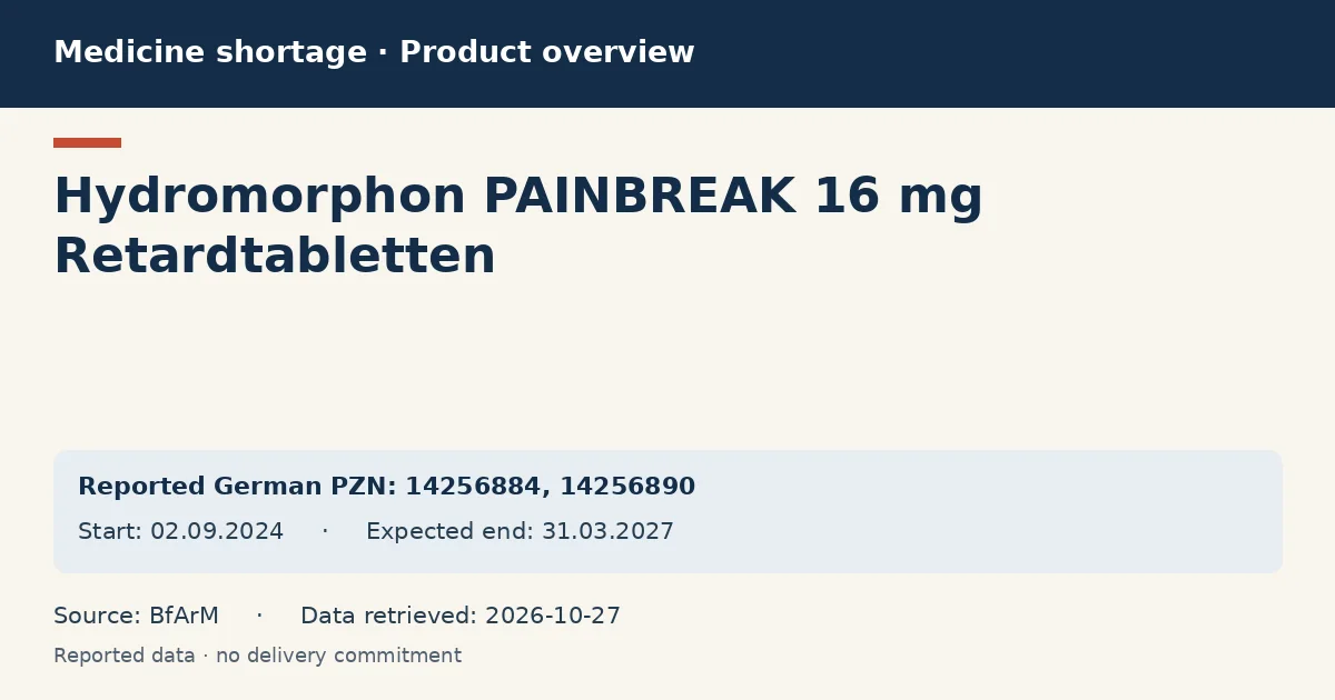 Hydromorphon PAINBREAK 16 mg Retardtabletten: German shortage data overview with reported packs and period (BfArM) Hydromorphon PAINBREAK 16 mg Retardtabletten: German shortage data overview with reported packs and period (BfArM)