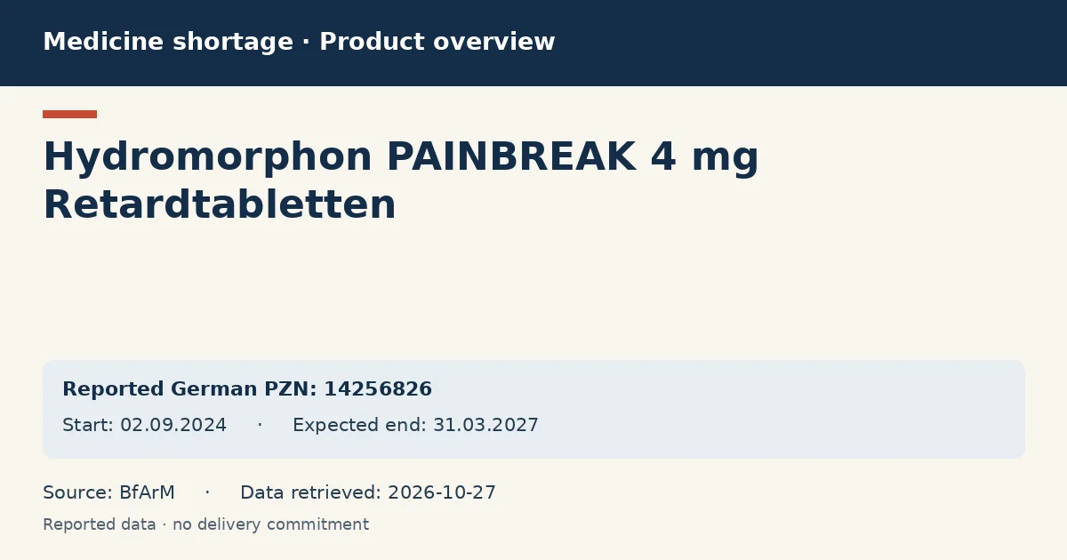 Hydromorphon PAINBREAK 4 mg Retardtabletten: German shortage data overview with reported packs and period (BfArM) Hydromorphon PAINBREAK 4 mg Retardtabletten: German shortage data overview with reported packs and period (BfArM)