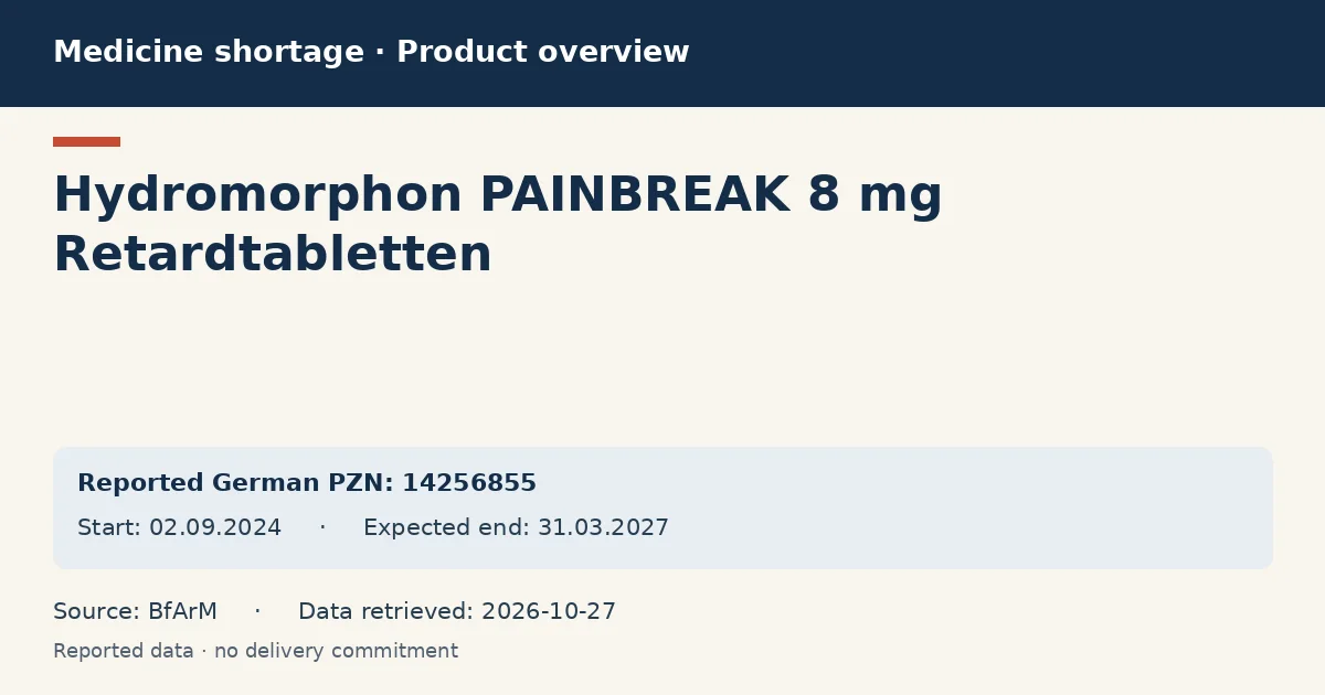 Hydromorphon PAINBREAK 8 mg Retardtabletten: German shortage data overview with reported packs and period (BfArM) Hydromorphon PAINBREAK 8 mg Retardtabletten: German shortage data overview with reported packs and period (BfArM)