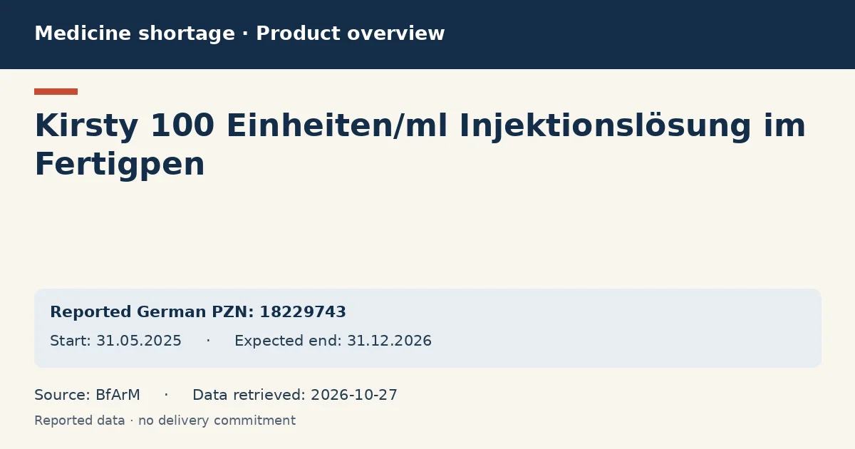 Kirsty 100 Einheiten/ml Injektionslösung im Fertigpen: German shortage data overview with reported packs and period (BfArM) Kirsty 100 Einheiten/ml Injektionslösung im Fertigpen: German shortage data overview with reported packs and period (BfArM)
