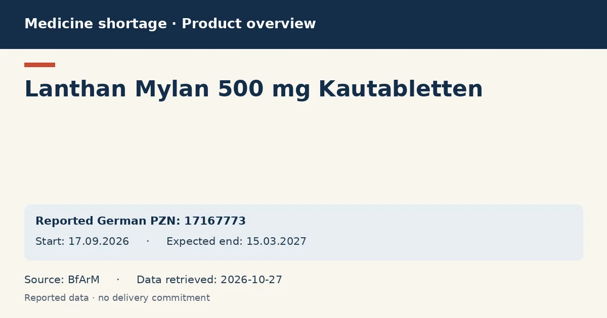 Lanthan Mylan 500 mg Kautabletten: German shortage data overview with reported packs and period (BfArM) Lanthan Mylan 500 mg Kautabletten: German shortage data overview with reported packs and period (BfArM)