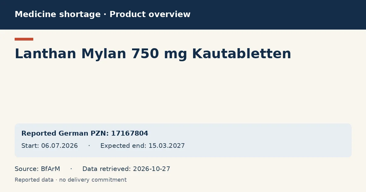 Lanthan Mylan 750 mg Kautabletten: German shortage data overview with reported packs and period (BfArM) Lanthan Mylan 750 mg Kautabletten: German shortage data overview with reported packs and period (BfArM)