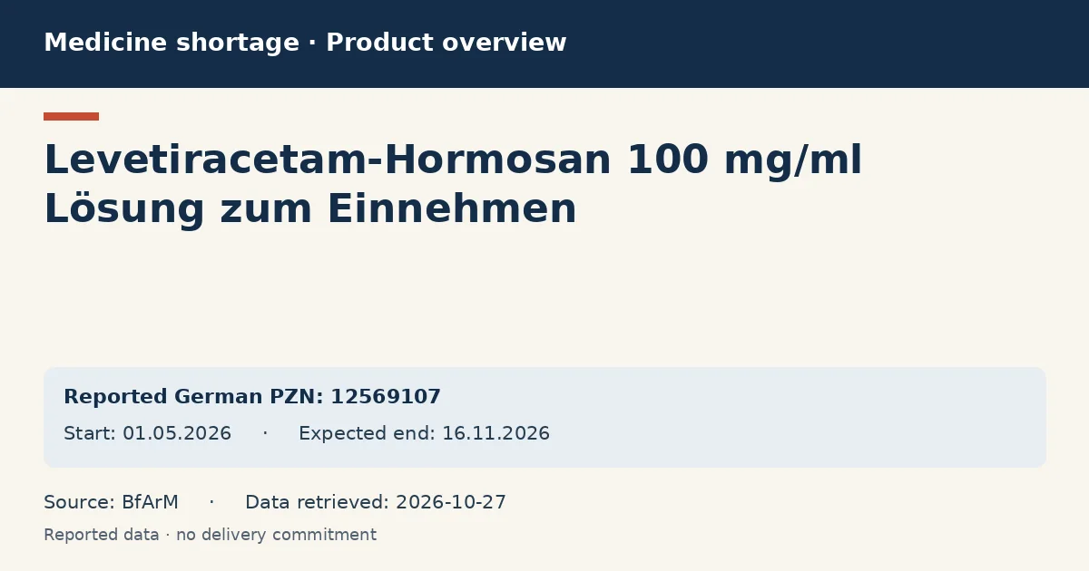 Levetiracetam-Hormosan 100 mg/ml Lösung zum Einnehmen: German shortage data overview with reported packs and period (BfArM) Levetiracetam-Hormosan 100 mg/ml Lösung zum Einnehmen: German shortage data overview with reported packs and period (BfArM)
