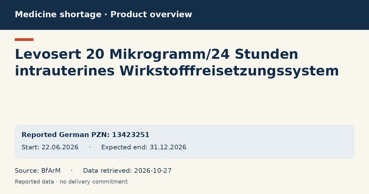 Levosert 20 Mikrogramm/24 Stunden intrauterines Wirkstofffreisetzungssystem: German shortage data overview with reported packs and period (BfArM) Levosert 20 Mikrogramm/24 Stunden intrauterines Wirkstofffreisetzungssystem: German shortage data overview with reported packs and period (BfArM)