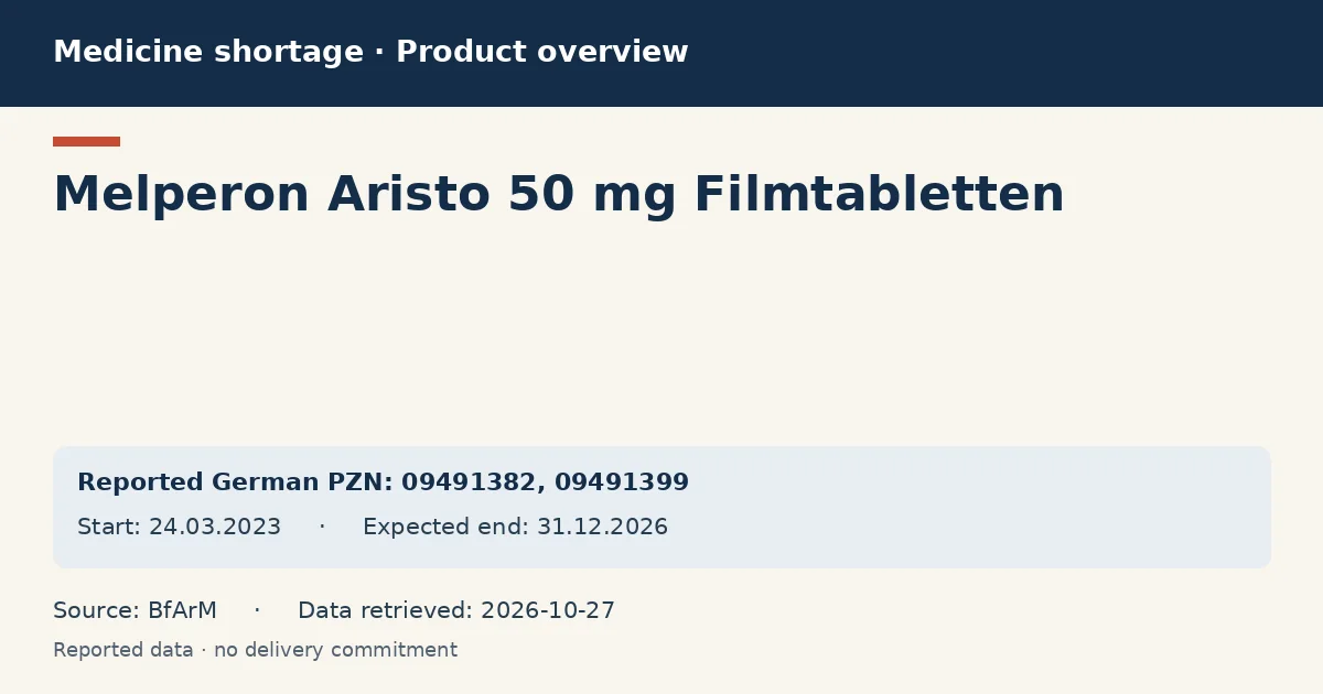 Melperon Aristo 50 mg Filmtabletten: German shortage data overview with reported packs and period (BfArM) Melperon Aristo 50 mg Filmtabletten: German shortage data overview with reported packs and period (BfArM)