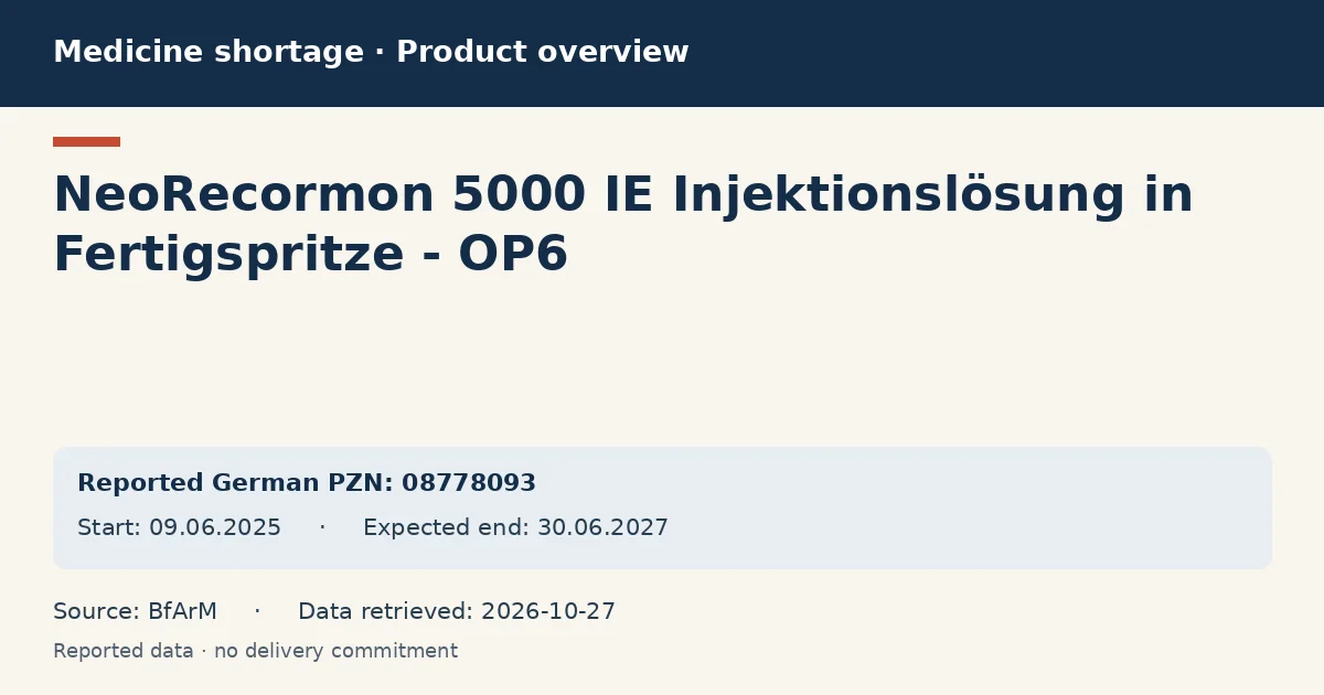 NeoRecormon 5000 IE Injektionslösung in Fertigspritze - OP6: German shortage data overview with reported packs and period (BfArM) NeoRecormon 5000 IE Injektionslösung in Fertigspritze - OP6: German shortage data overview with reported packs and period (BfArM)