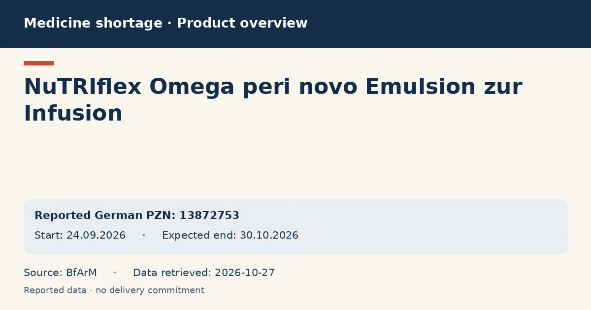 NuTRIflex Omega peri novo Emulsion zur Infusion: German shortage data overview with reported packs and period (BfArM) NuTRIflex Omega peri novo Emulsion zur Infusion: German shortage data overview with reported packs and period (BfArM)