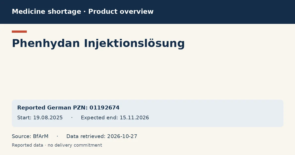 Phenhydan Injektionslösung: German shortage data overview with reported packs and period (BfArM) Phenhydan Injektionslösung: German shortage data overview with reported packs and period (BfArM)