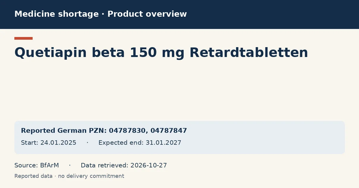 Quetiapin beta 150 mg Retardtabletten: German shortage data overview with reported packs and period (BfArM) Quetiapin beta 150 mg Retardtabletten: German shortage data overview with reported packs and period (BfArM)