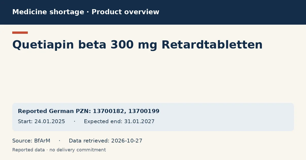 Quetiapin beta 300 mg Retardtabletten: German shortage data overview with reported packs and period (BfArM) Quetiapin beta 300 mg Retardtabletten: German shortage data overview with reported packs and period (BfArM)
