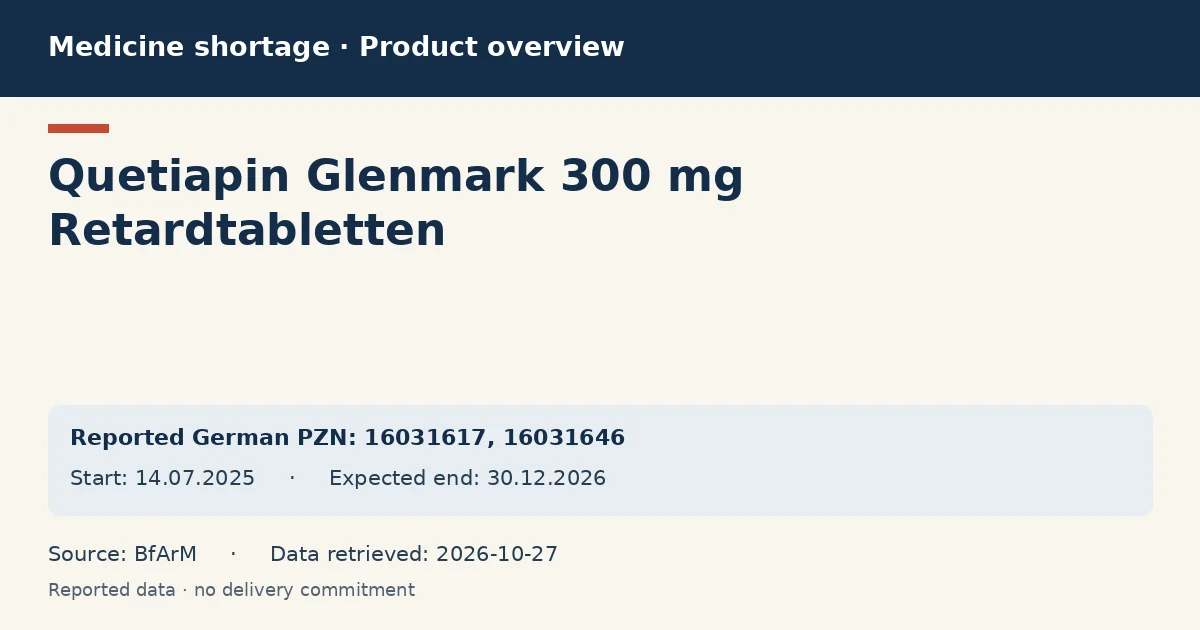 Quetiapin Glenmark 300 mg Retardtabletten: German shortage data overview with reported packs and period (BfArM) Quetiapin Glenmark 300 mg Retardtabletten: German shortage data overview with reported packs and period (BfArM)