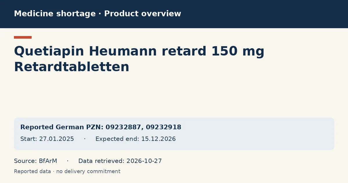Quetiapin Heumann retard 150 mg Retardtabletten: German shortage data overview with reported packs and period (BfArM) Quetiapin Heumann retard 150 mg Retardtabletten: German shortage data overview with reported packs and period (BfArM)