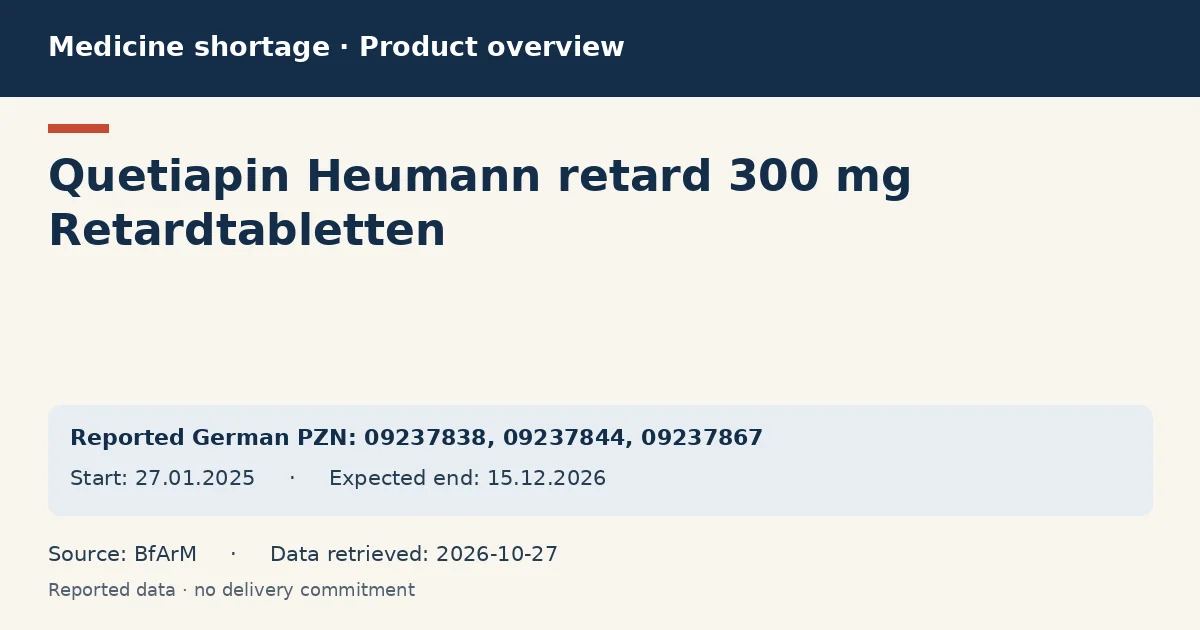 Quetiapin Heumann retard 300 mg Retardtabletten: German shortage data overview with reported packs and period (BfArM) Quetiapin Heumann retard 300 mg Retardtabletten: German shortage data overview with reported packs and period (BfArM)
