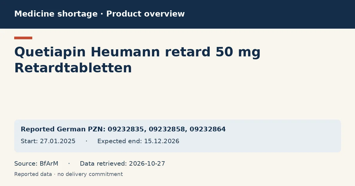 Quetiapin Heumann retard 50 mg Retardtabletten: German shortage data overview with reported packs and period (BfArM) Quetiapin Heumann retard 50 mg Retardtabletten: German shortage data overview with reported packs and period (BfArM)