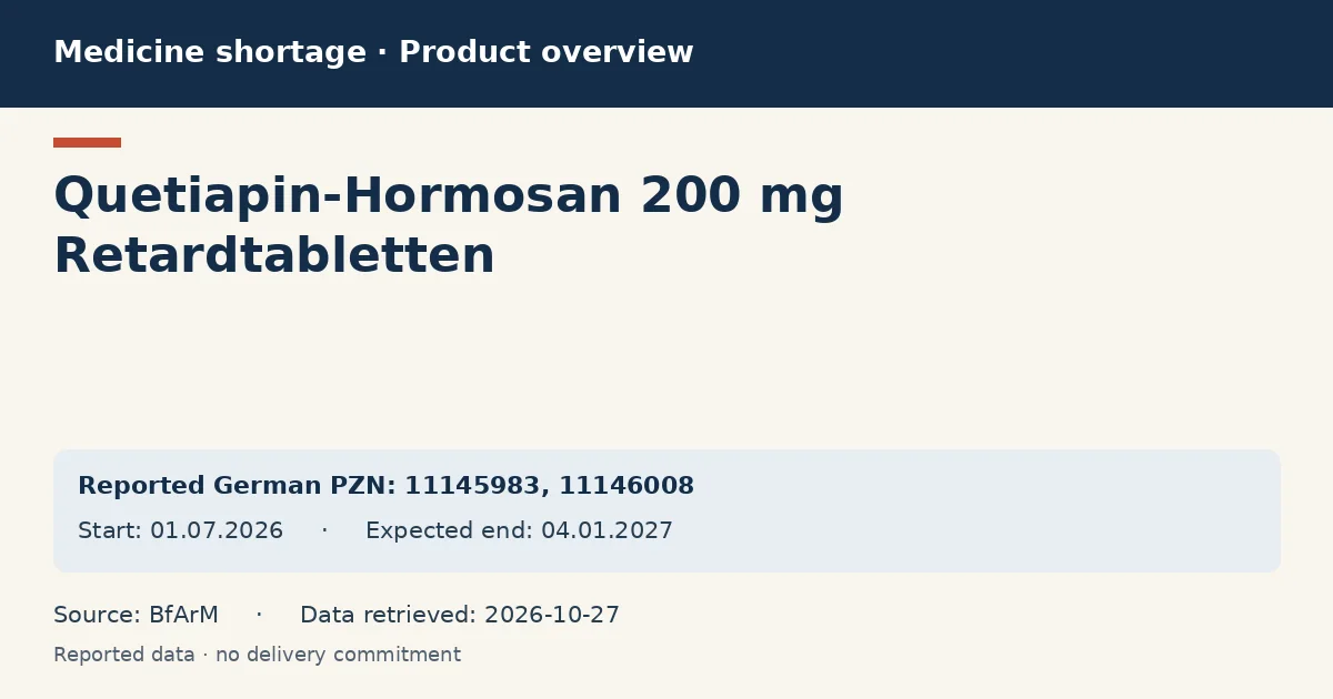Quetiapin-Hormosan 200 mg Retardtabletten: German shortage data overview with reported packs and period (BfArM) Quetiapin-Hormosan 200 mg Retardtabletten: German shortage data overview with reported packs and period (BfArM)