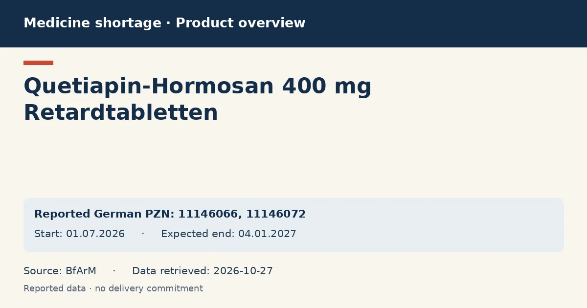 Quetiapin-Hormosan 400 mg Retardtabletten: German shortage data overview with reported packs and period (BfArM) Quetiapin-Hormosan 400 mg Retardtabletten: German shortage data overview with reported packs and period (BfArM)