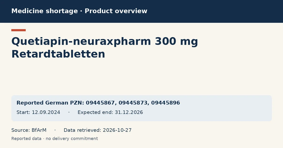 Quetiapin-neuraxpharm 300 mg Retardtabletten: German shortage data overview with reported packs and period (BfArM) Quetiapin-neuraxpharm 300 mg Retardtabletten: German shortage data overview with reported packs and period (BfArM)