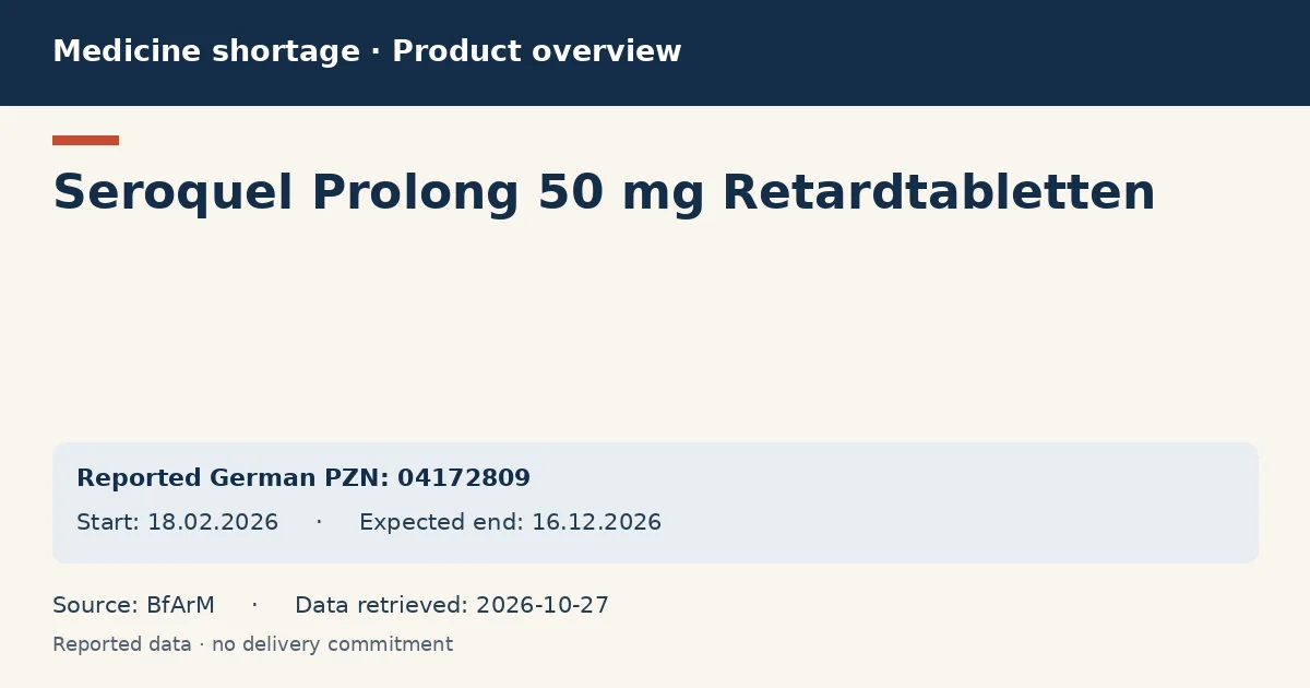 Seroquel Prolong 50 mg Retardtabletten: German shortage data overview with reported packs and period (BfArM) Seroquel Prolong 50 mg Retardtabletten: German shortage data overview with reported packs and period (BfArM)