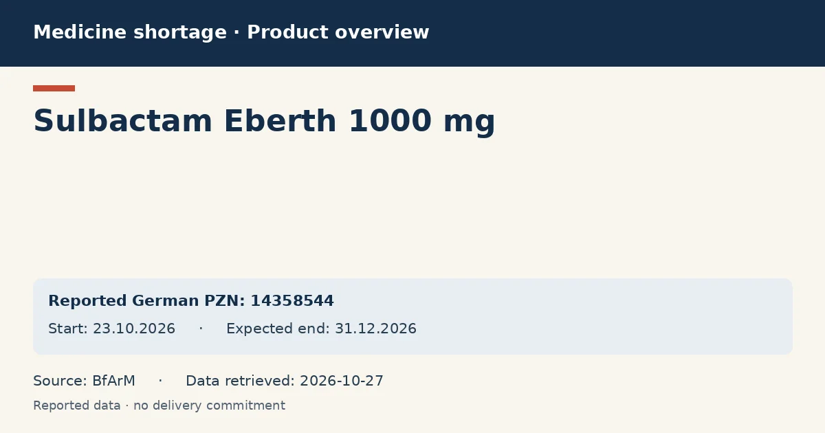 Sulbactam Eberth 1000 mg: German shortage data overview with reported packs and period (BfArM) Sulbactam Eberth 1000 mg: German shortage data overview with reported packs and period (BfArM)