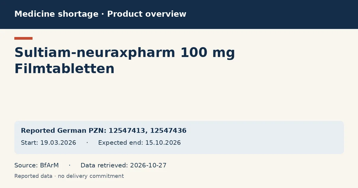 Sultiam-neuraxpharm 100 mg Filmtabletten: German shortage data overview with reported packs and period (BfArM) Sultiam-neuraxpharm 100 mg Filmtabletten: German shortage data overview with reported packs and period (BfArM)