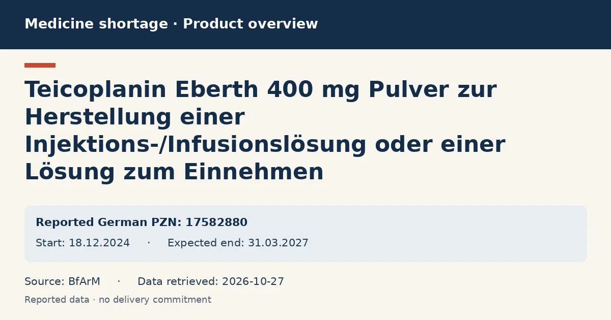 Teicoplanin Eberth 400 mg Pulver zur Herstellung einer Injektions-/Infusionslösung oder einer Lösung zum Einnehmen: German shortage data overview with reported packs and period (BfArM) Teicoplanin Eberth 400 mg Pulver zur Herstellung einer Injektions-/Infusionslösung oder einer Lösung zum Einnehmen: German shortage data overview with reported packs and period (BfArM)