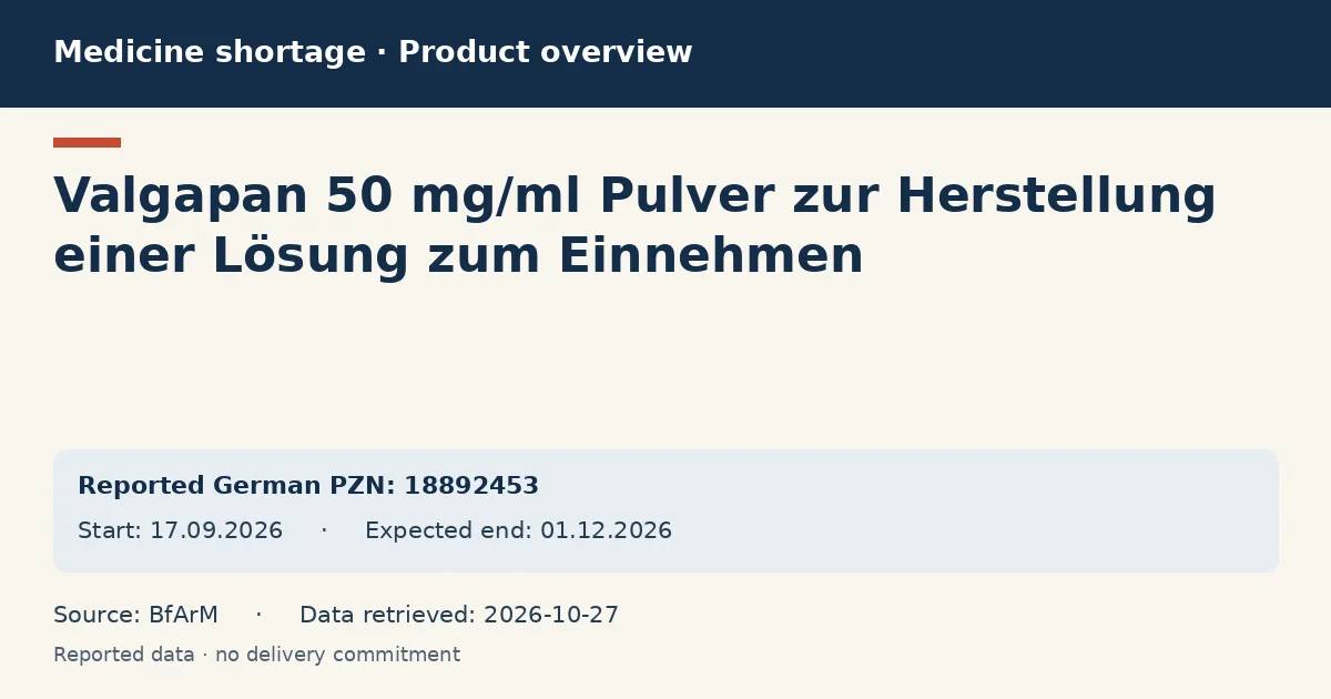 Valgapan 50 mg/ml Pulver zur Herstellung einer Lösung zum Einnehmen: German shortage data overview with reported packs and period (BfArM) Valgapan 50 mg/ml Pulver zur Herstellung einer Lösung zum Einnehmen: German shortage data overview with reported packs and period (BfArM)