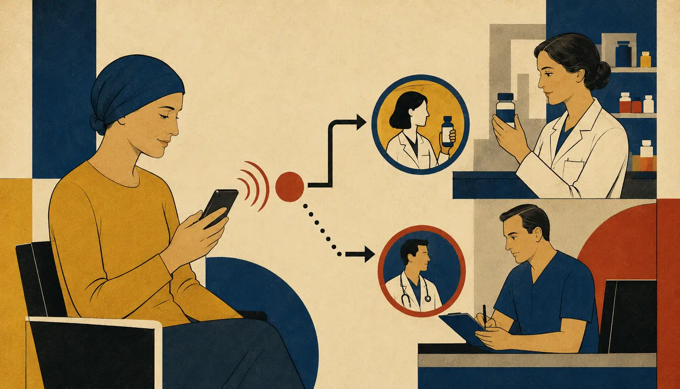 Bauhaus ilustrace digitální onkologické podpory, pacientských signálů a eskalační cesty Bauhaus ilustrace digitální onkologické podpory, pacientských signálů a eskalační cesty