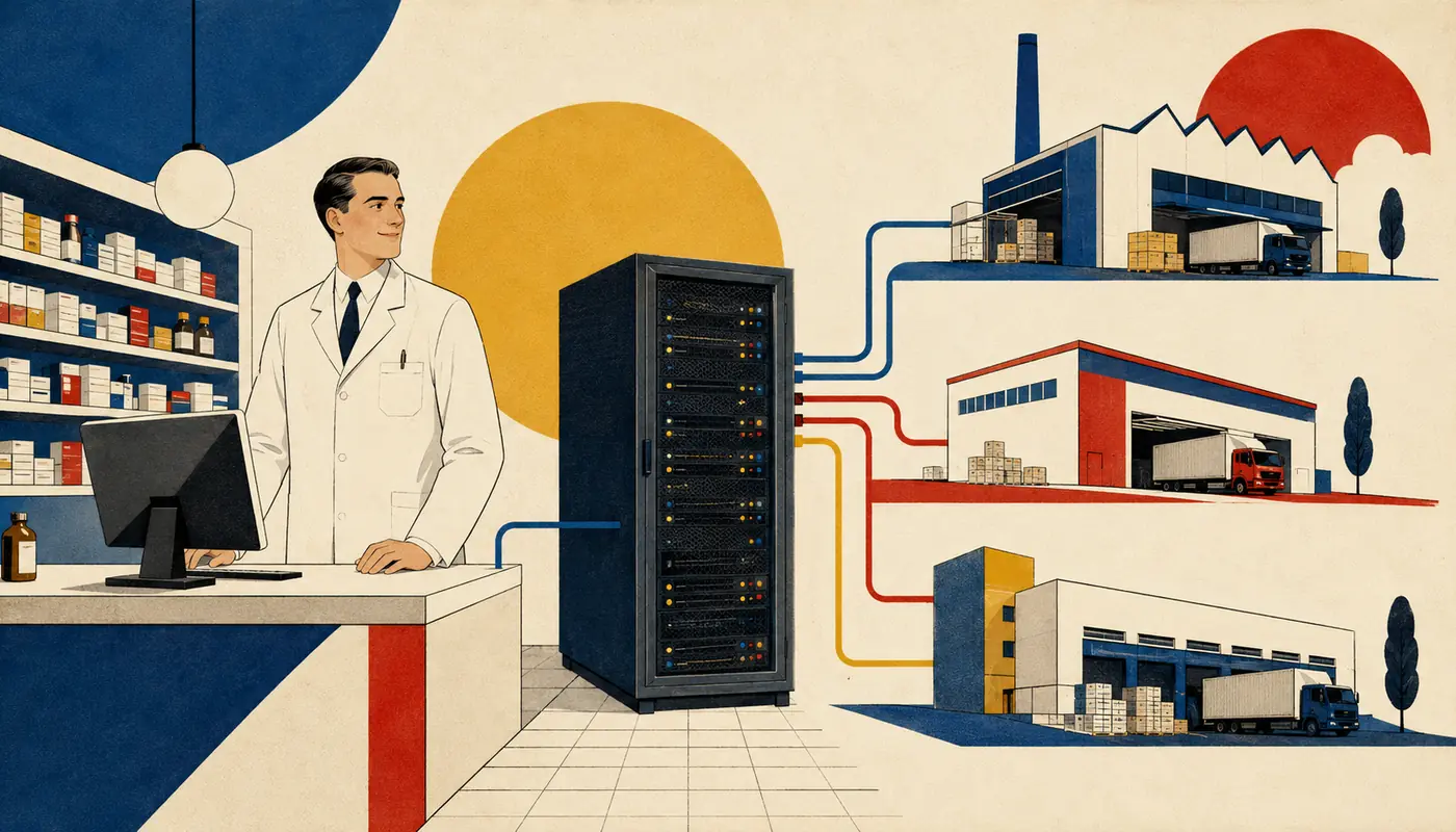Modernistická ilustrace vlastního lékárenského serveru bezpečně propojujícího objednávky s několika distributory. Modernistická ilustrace vlastního lékárenského serveru bezpečně propojujícího objednávky s několika distributory.